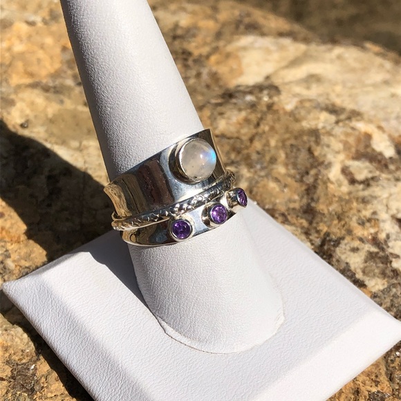 Sterling Silver DbM Kensington Moonstone and Amethyst Spinner Ring - Picture 2 of 4